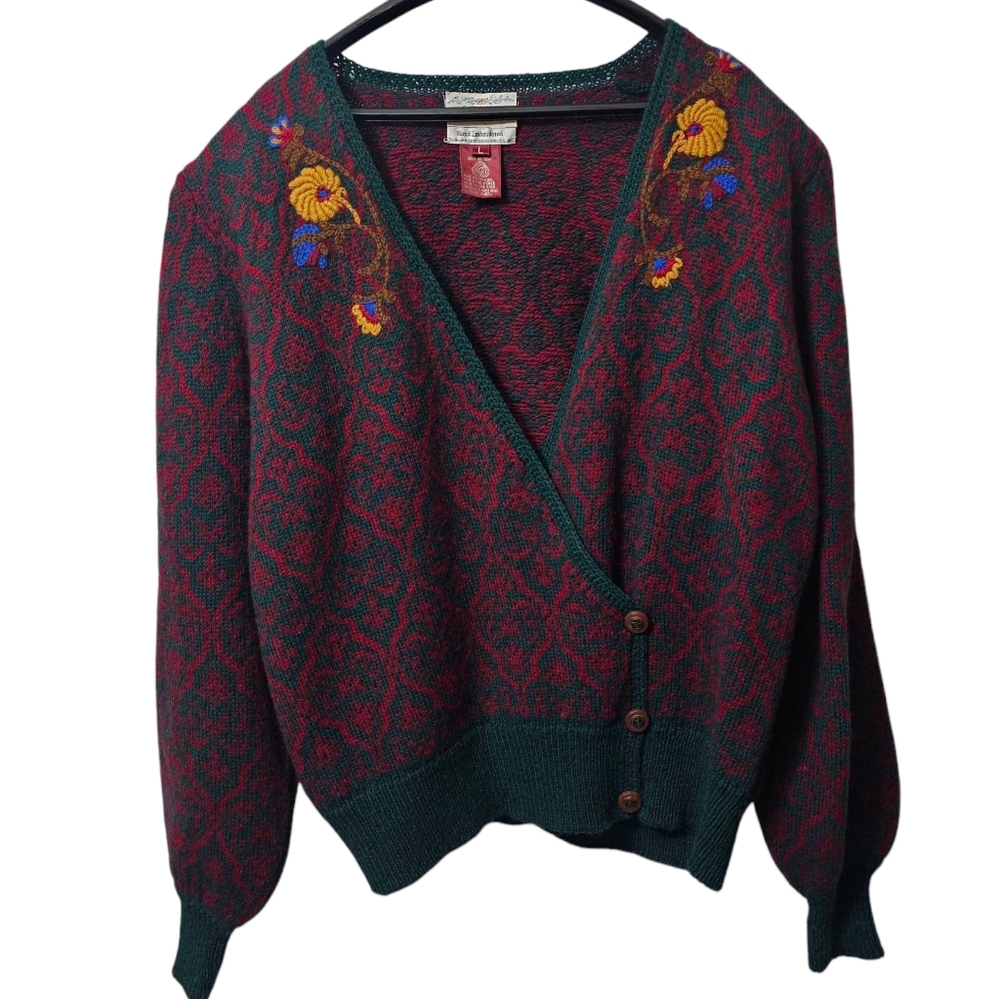Susan Bristol Green and Red Cardigan Sweater with Ribbed Trim